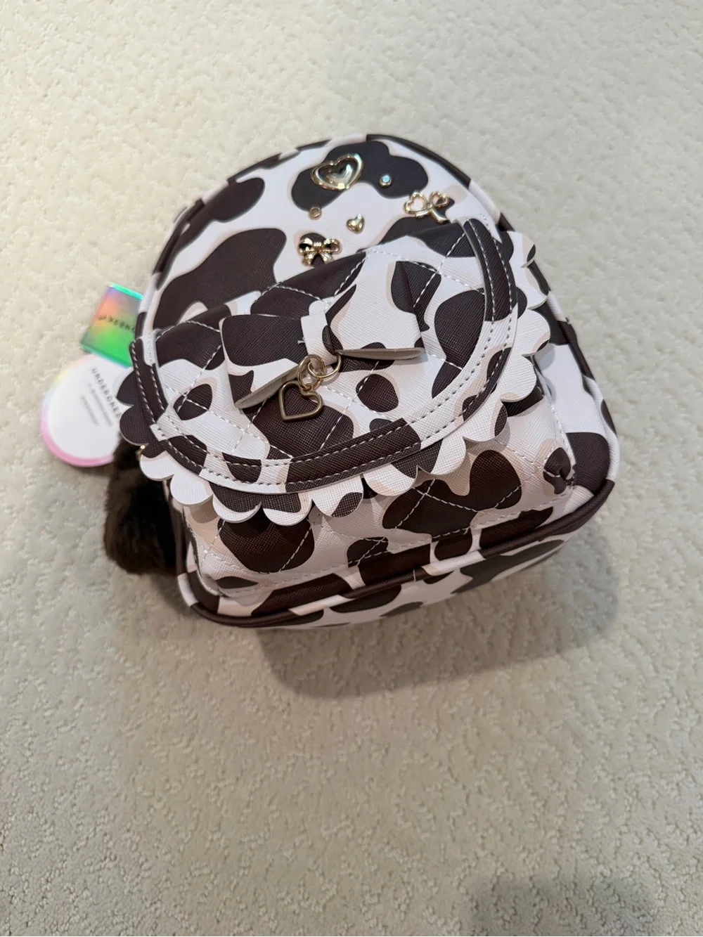 Mini Backpack Brown & White with Heart  charm and Gold Accents by Undetonesky